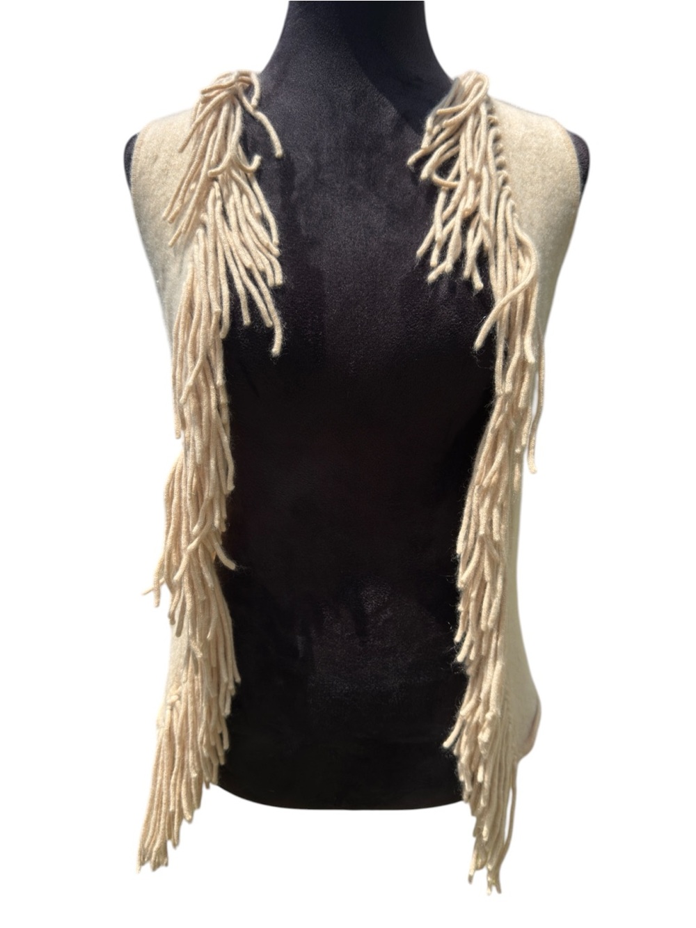 Minnie Rose 100% Cashmere Fringe Vest XS Cream Oatmeal Quiet Luxury Boho - Picture 2 of 10